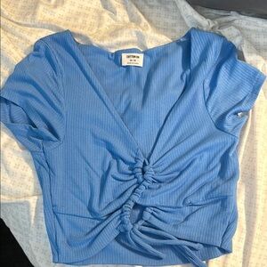 Cotton On Blue Ribbed Ruched cropped shirt
